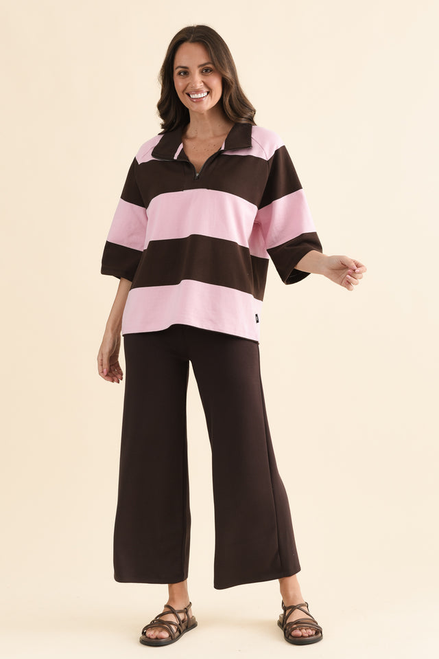 Freedom Chocolate Stripe Cotton Collared Sweat,Full Body,Brunette model,alt text|model:MJ image 6