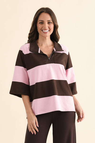 Freedom Chocolate Stripe Cotton Collared Sweat