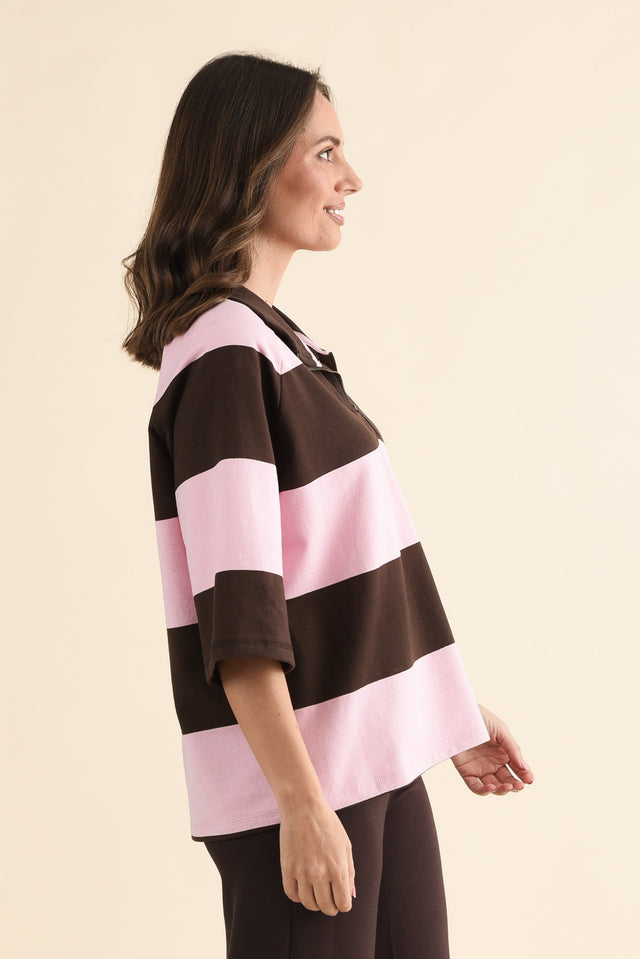 Freedom Chocolate Stripe Cotton Collared Sweat,Side,Brunette model,alt text|model:MJ image 3