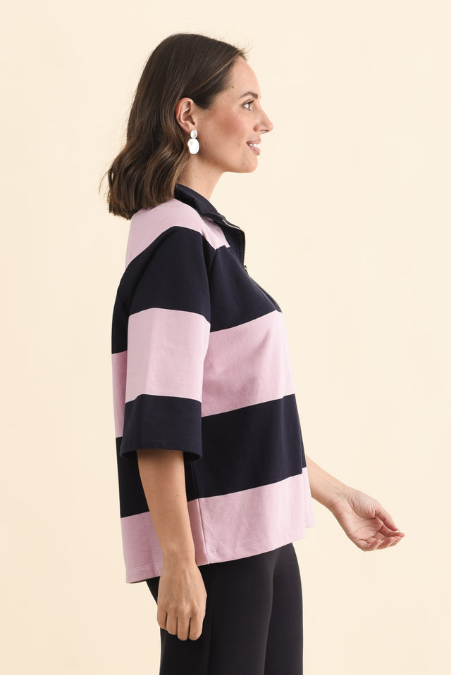 Freedom Pink Stripe Cotton Collared Sweat,Brunette model,alt text|model:MJ image 3