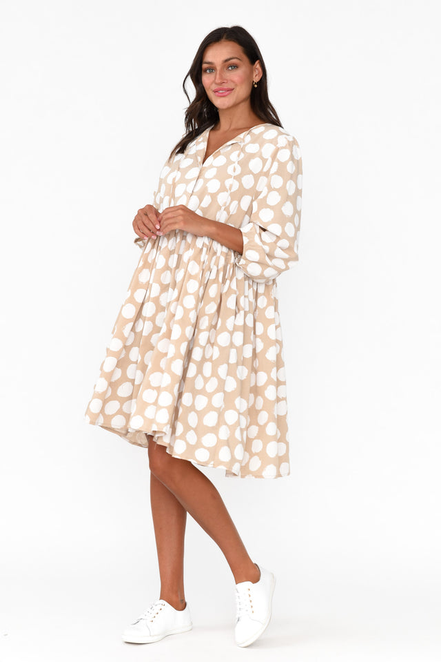 Frieda Beige Spot Cotton Tie Dress