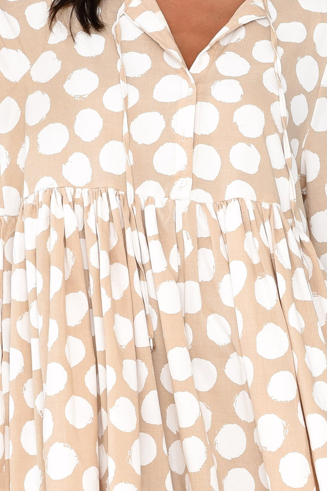 Frieda Beige Spot Cotton Tie Dress