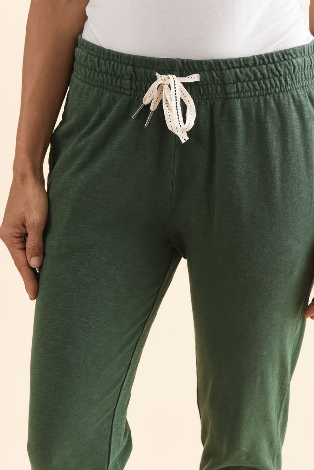 Fundamental Brunch Dark Green Cotton Sweatpants,Detail,Brunette model,alt text|model:Cara image 6