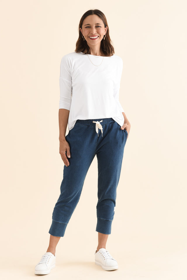 Fundamental Brunch Vintage Blue Cotton Sweatpants,Full Body,Brunette model,alt text|model:Cara image 8