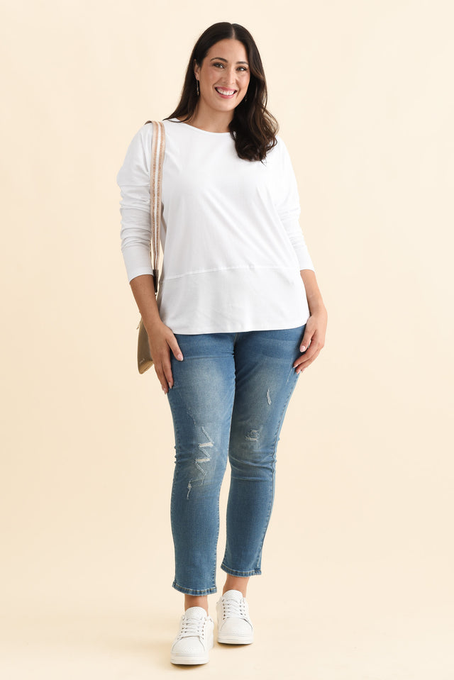 Fundamental White Cotton Rib Sleeved Top,Brunette model,alt text|model:Emilia image 11