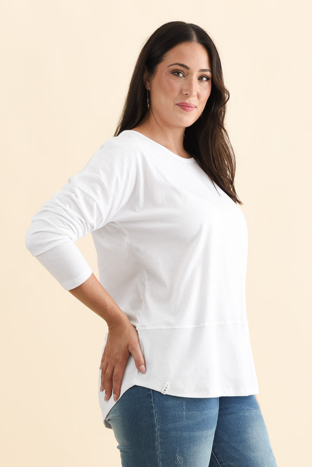 Fundamental White Cotton Rib Sleeved Top,Brunette model,alt text|model:Emilia image 12