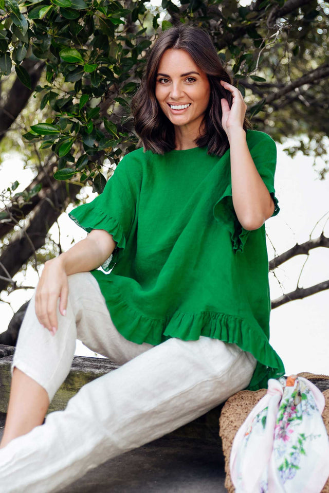 Genevieve Green Linen Frill Top