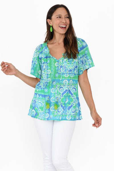 Gabe Blue Abstract Cotton Tassel Top