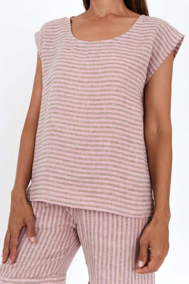Gabriele Beige Stripe Linen Top,Brunette model,alt text|model:Cara image 6