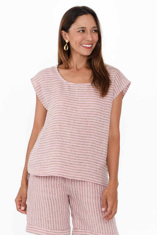 Gabriele Beige Stripe Linen Top,Brunette model,alt text|model:Cara
