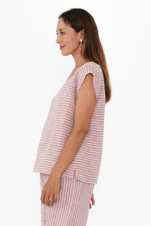 Gabriele Beige Stripe Linen Top,Brunette model,alt text|model:Cara image 4