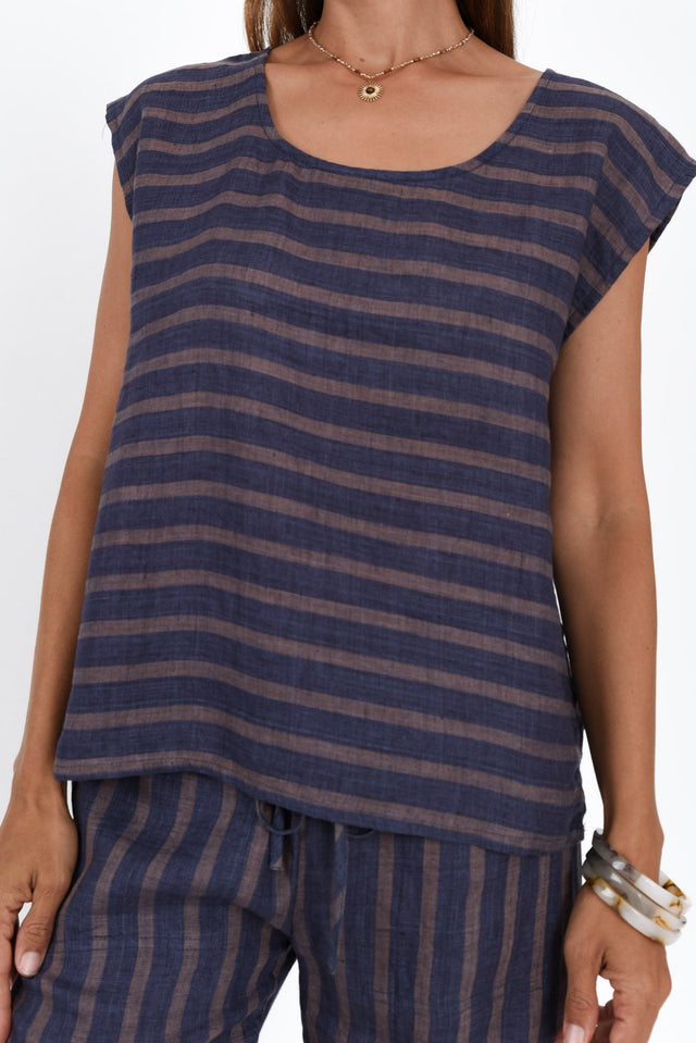 Gabriele Navy Stripe Linen Top,Brunette model,alt text|model:Cara image 6