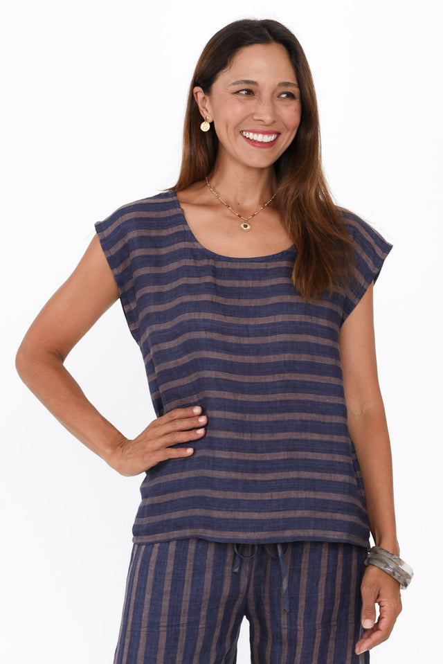 Gabriele Navy Stripe Linen Top,Brunette model,alt text|model:Cara