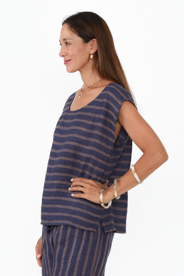 Gabriele Navy Stripe Linen Top,Brunette model,alt text|model:Cara image 4
