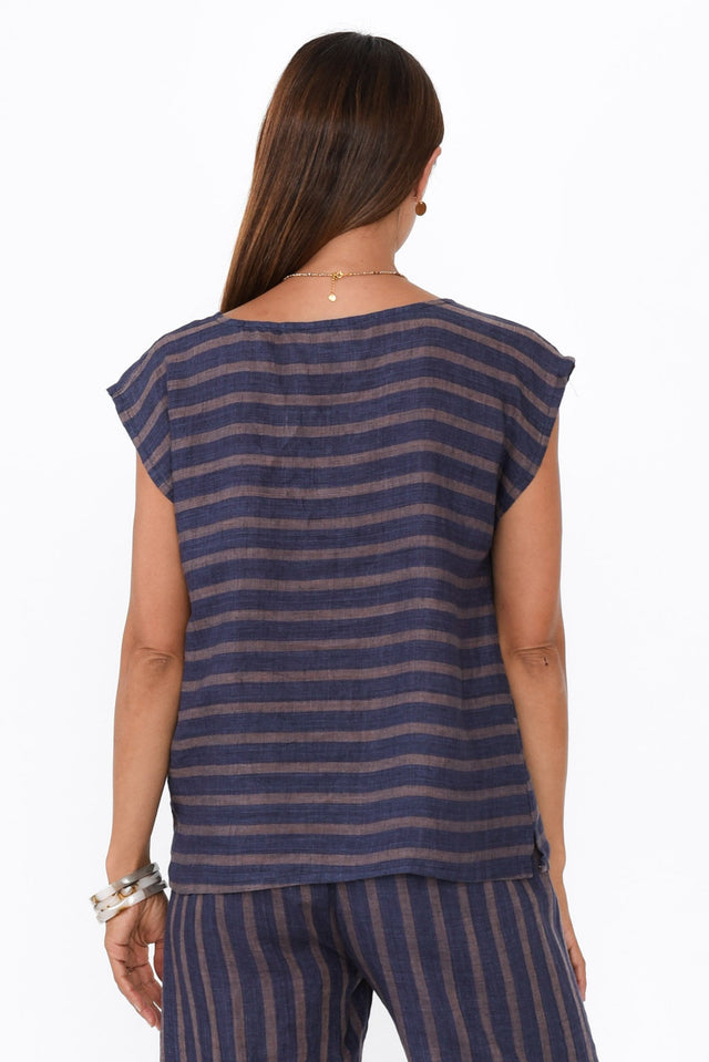 Gabriele Navy Stripe Linen Top,Brunette model,alt text|model:Cara image 5