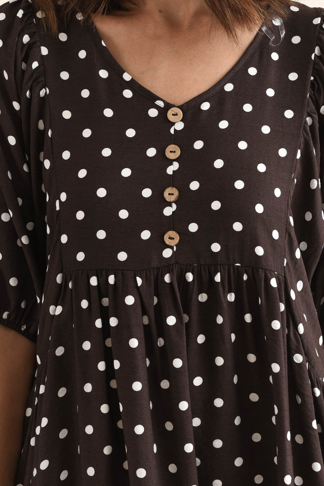 Gabriella Brown Spot Pocket Dress,Detail,Brunette model,alt text|model:Cara image 5
