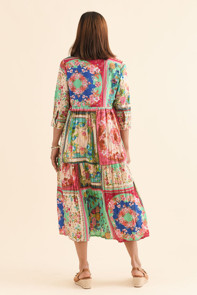 Gada Green Mosaic Cotton Tiered Dress,Back,Brunette model,alt text|model:Cara image 4