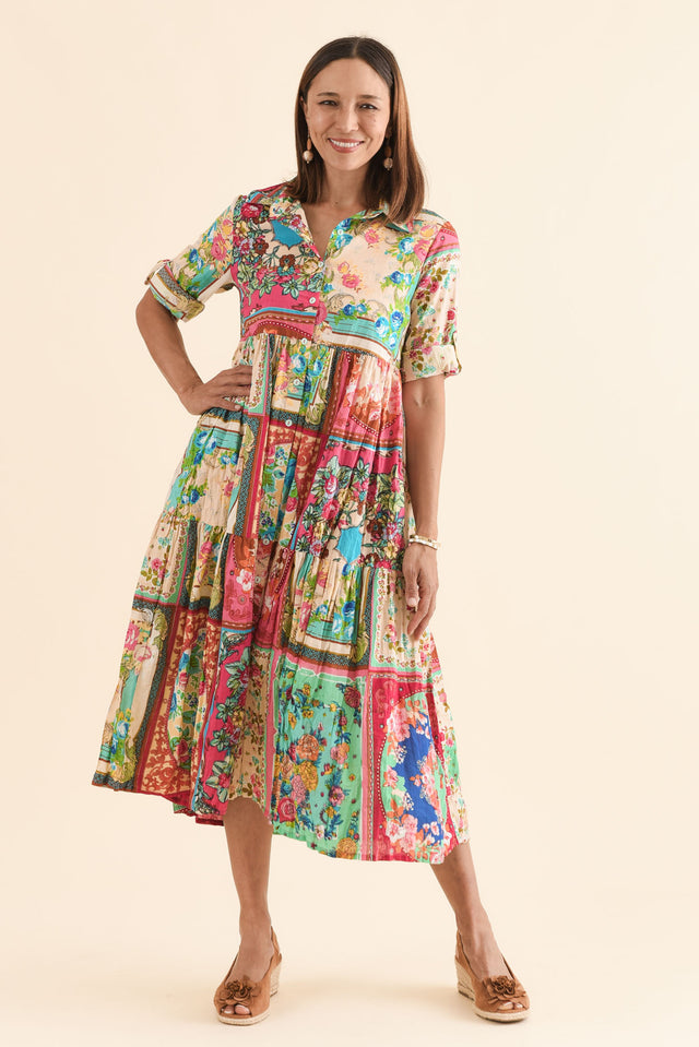 Gada Green Mosaic Cotton Tiered Dress,Full Body,Brunette model,alt text|model:Cara image 6