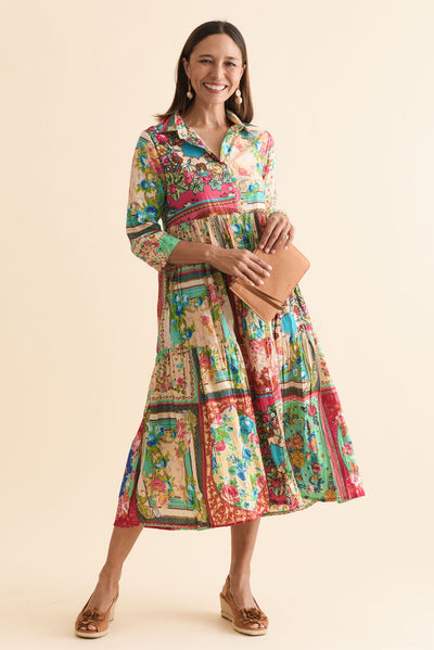 Gada Green Mosaic Cotton Tiered Dress