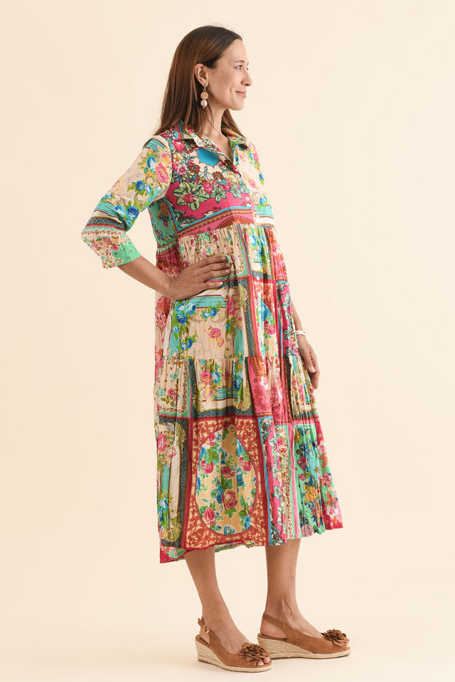Gada Green Mosaic Cotton Tiered Dress,Side,Brunette model,alt text|model:Cara image 3