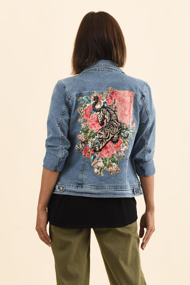 Gaia Pink Tiger Denim Jacket,Brunette model,alt text|model:Cara image 5