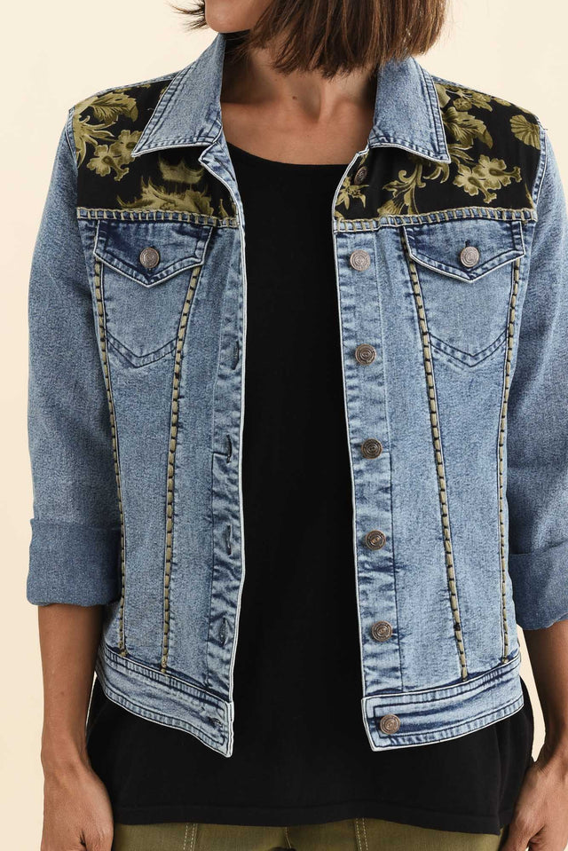 Gaia Pink Tiger Denim Jacket,Brunette model,alt text|model:Cara image 6