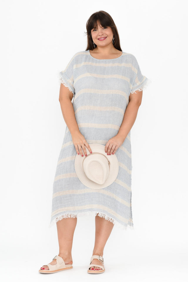 Galene Blue Stripe Linen Dress,Brunette model,plus-size,curve-dresses,plus-size-midi-dresses,plus-size-linen-dresses,curve-kaftans,plus-size-summer-dresses,alt text|model:Gabby