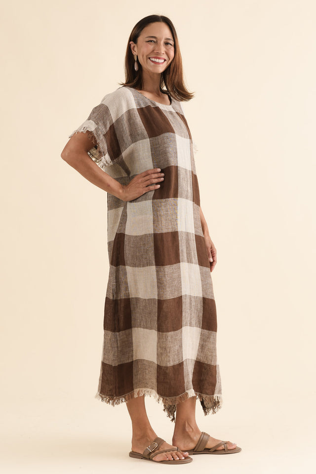 Galene Chocolate Check Linen Dress,Side,Brunette model,alt text|model:Cara image 3
