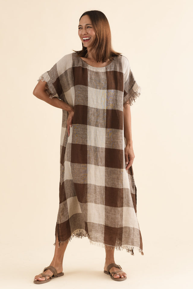 Galene Chocolate Check Linen Dress,Full Body,Brunette model,alt text|model:Cara