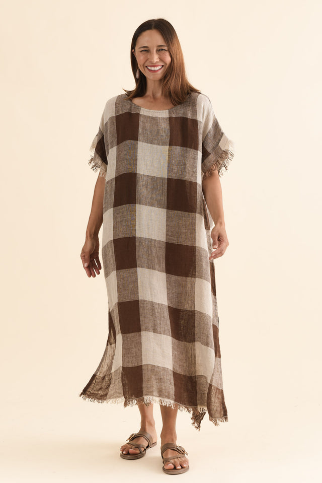 Galene Chocolate Check Linen Dress,Full Body,Brunette model,alt text|model:Cara image 6