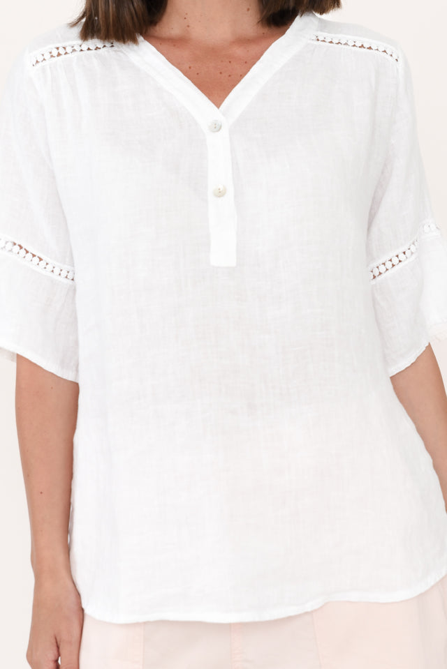 Gemma White Linen Button Top,Brunette model,alt text|model:MJ image 6