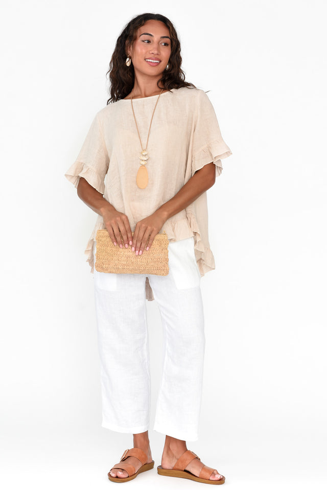 Genevieve Beige Linen Frill Top
