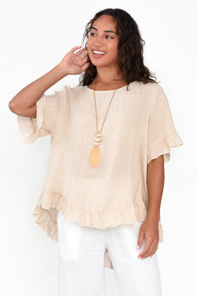 Genevieve Beige Linen Frill Top neckline_Round