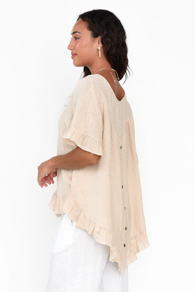 Genevieve Beige Linen Frill Top
