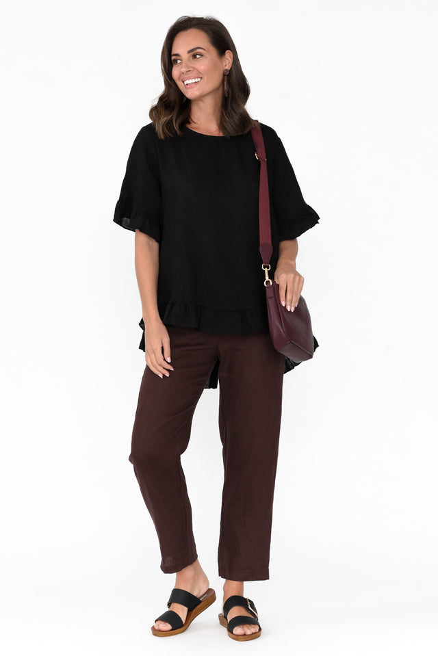 Genevieve Black Linen Frill Top