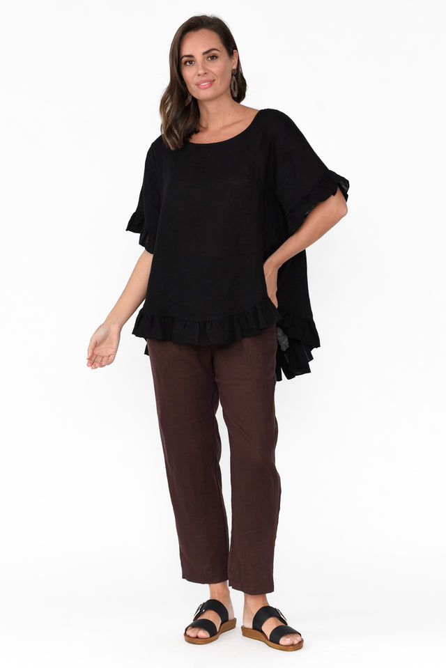 Genevieve Black Linen Frill Top