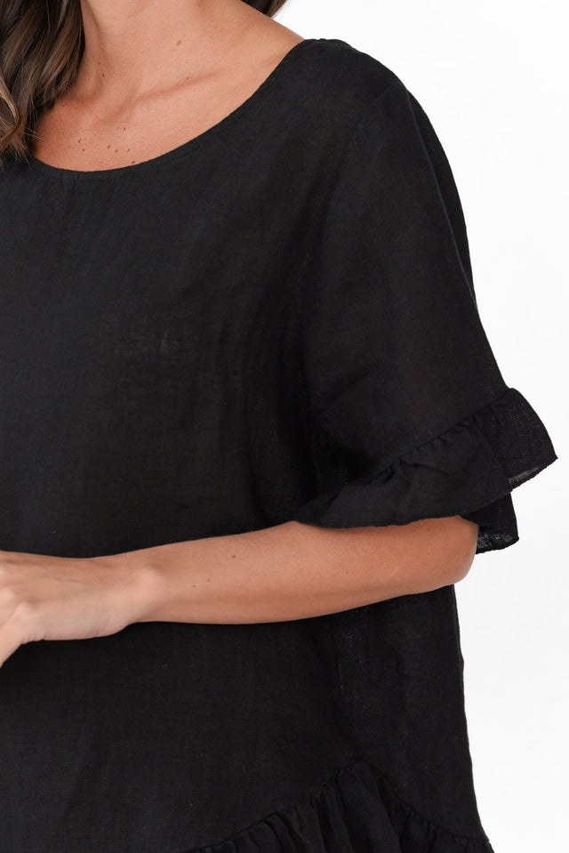 Genevieve Black Linen Frill Top