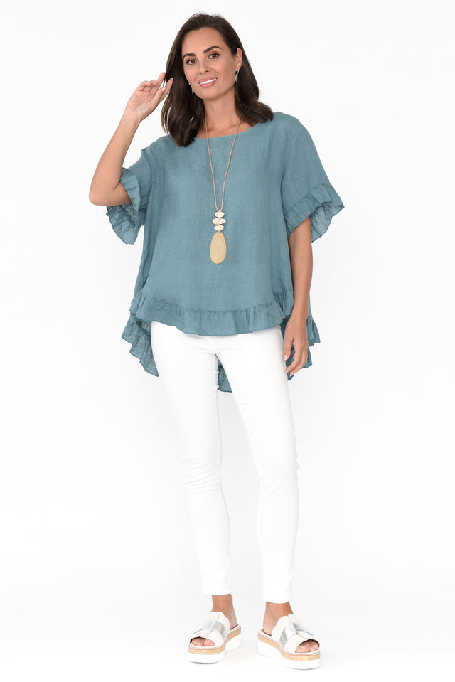 Genevieve Steel Linen Frill Top