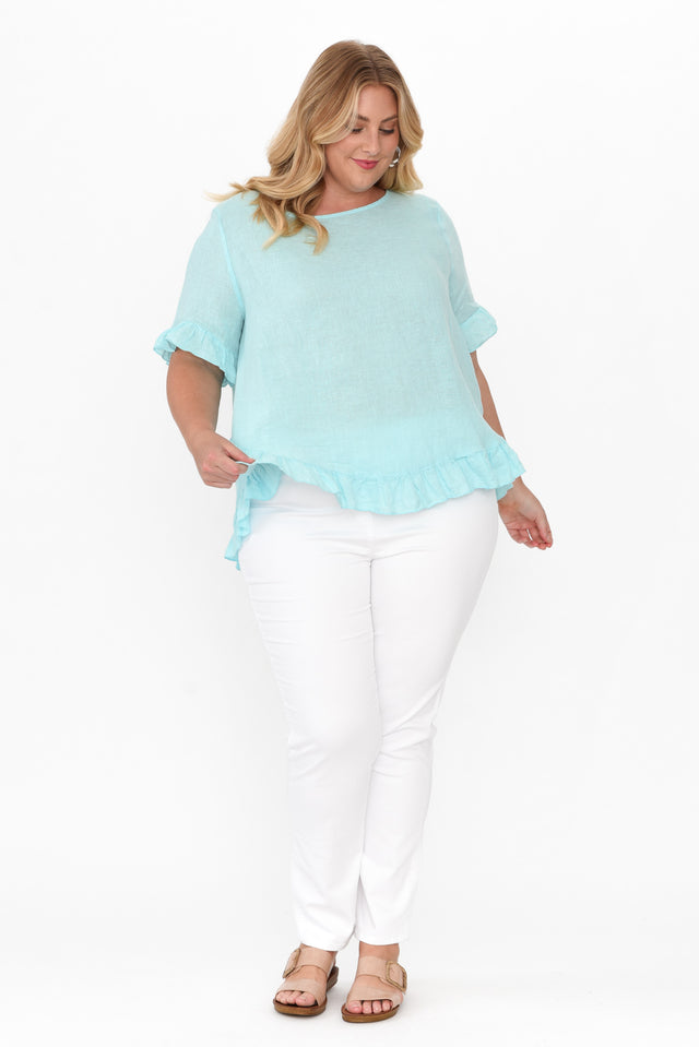 Genevieve Blue Linen Frill Top