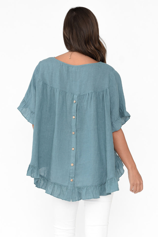 Genevieve Steel Linen Frill Top