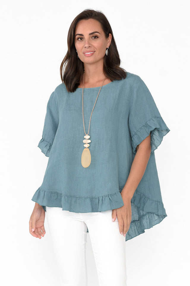 Genevieve Blue Linen Frill Top neckline_Round