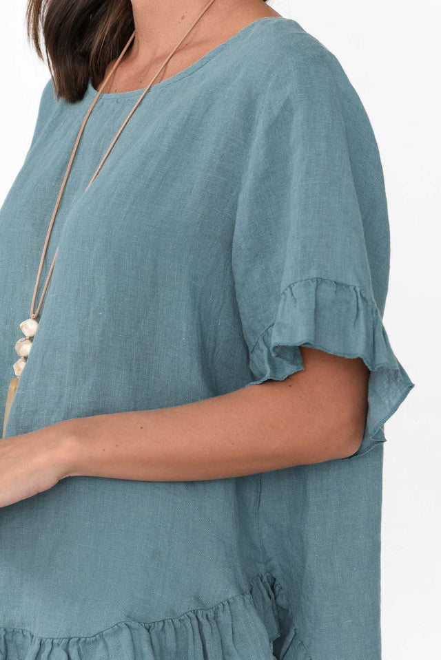 Genevieve Steel Linen Frill Top