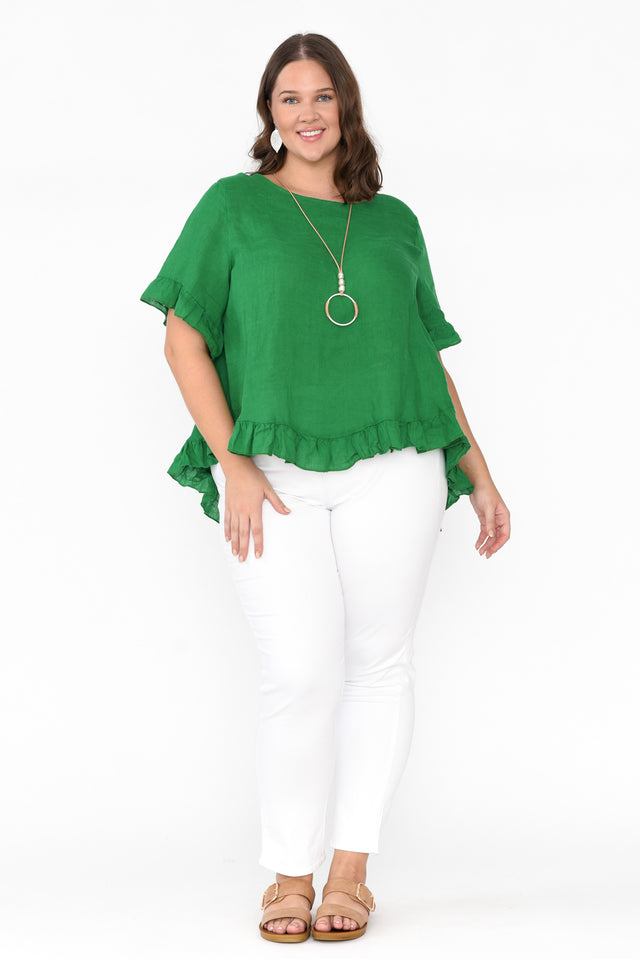 Genevieve Green Linen Frill Top