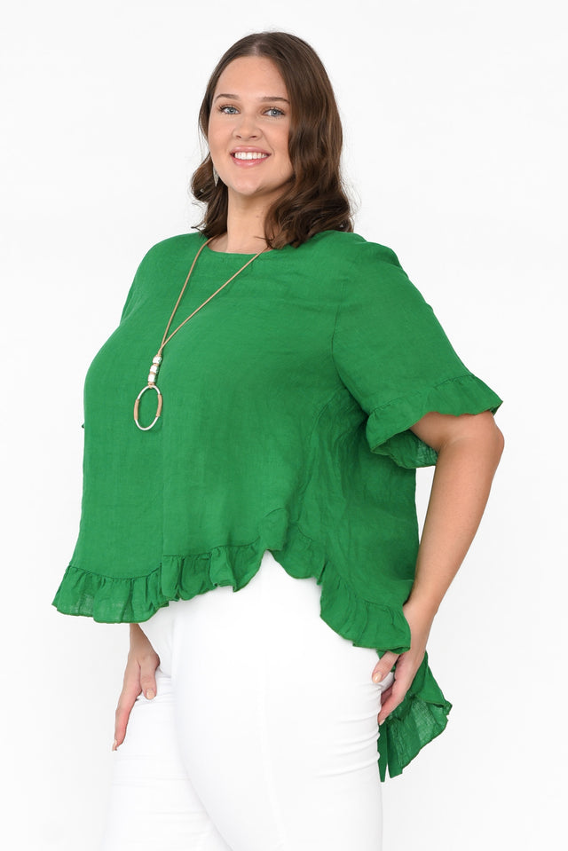 Genevieve Green Linen Frill Top