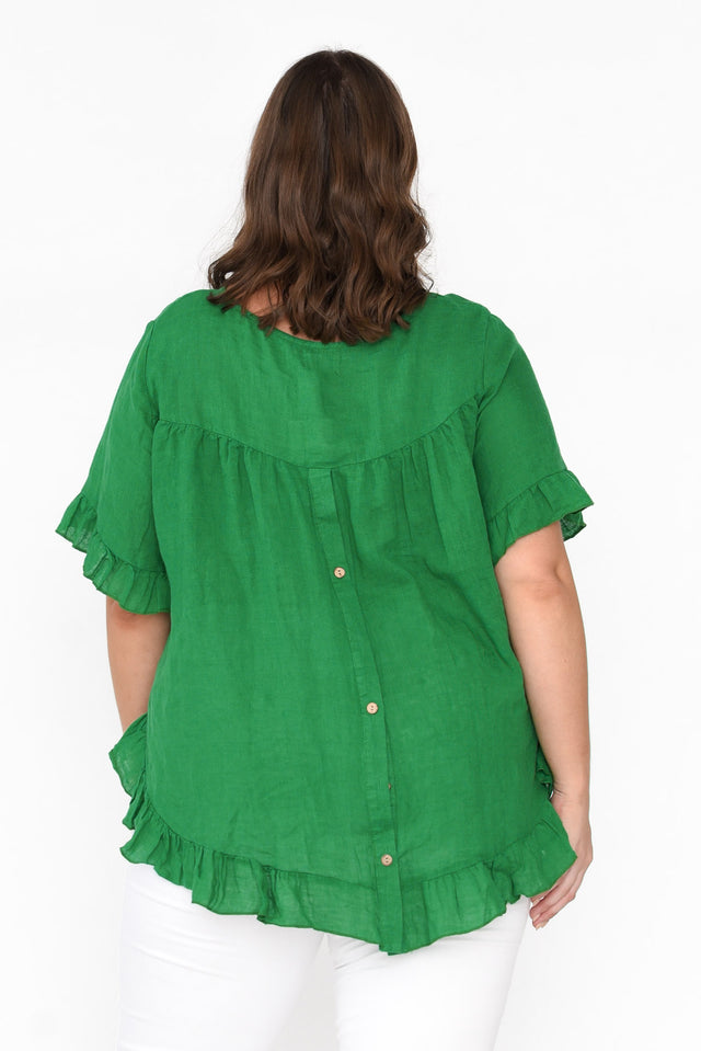 Genevieve Green Linen Frill Top