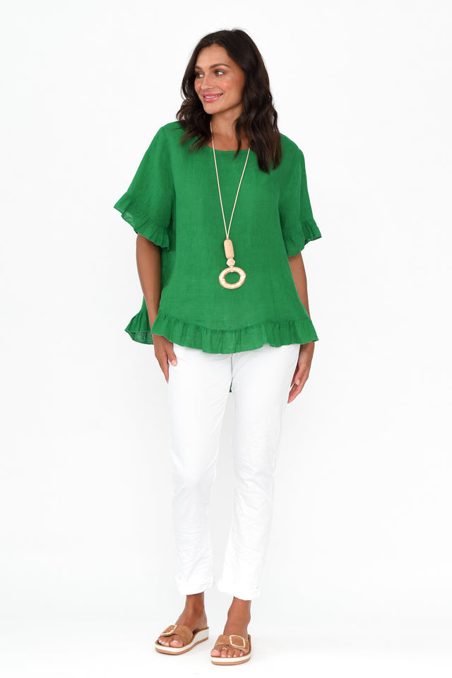 Genevieve Green Linen Frill Top