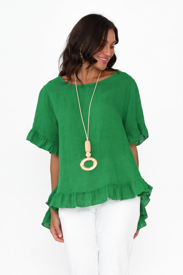 Genevieve Green Linen Frill Top neckline_Round