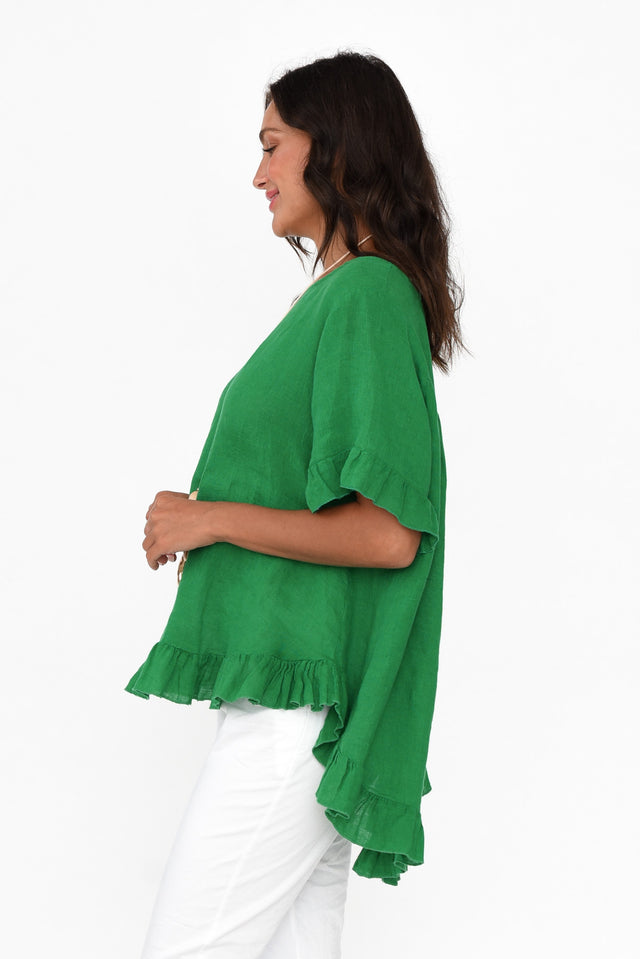 Genevieve Green Linen Frill Top