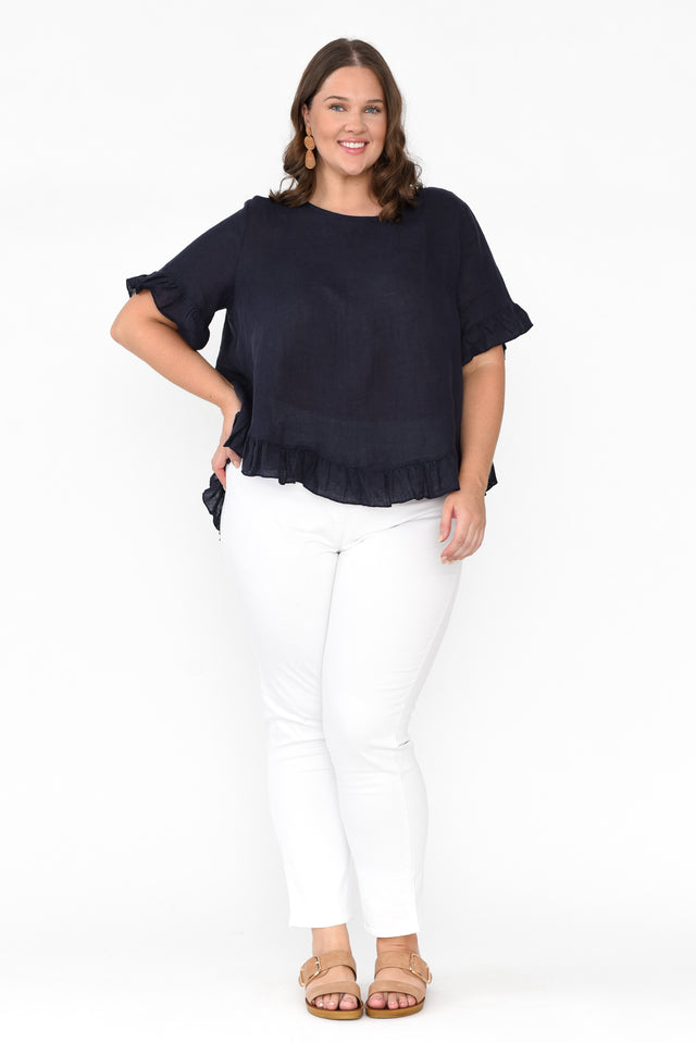 Genevieve Navy Linen Frill Top