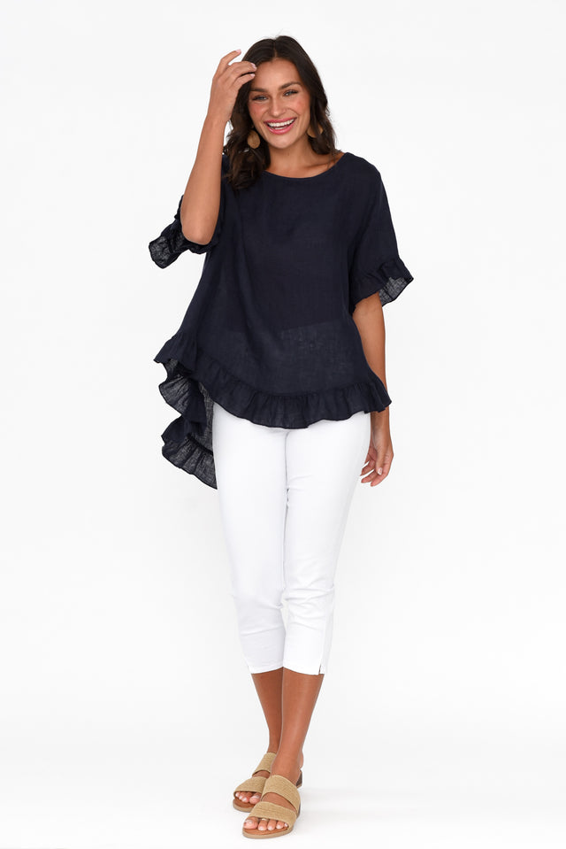 Genevieve Navy Linen Frill Top